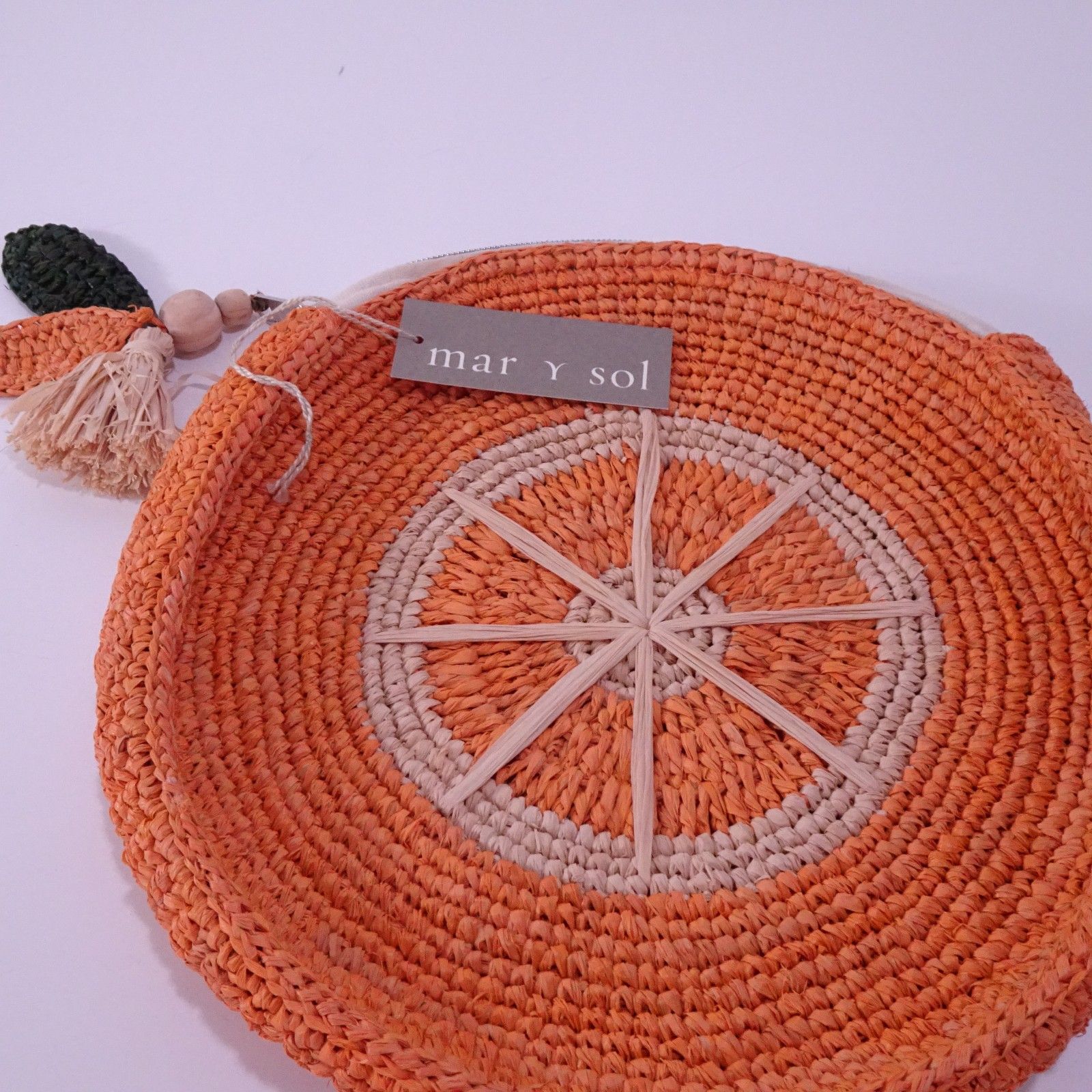 Mar Y Sol Women's Woven Raffia Orange Pop Pom Charm Clutch Bag Nwt 158 — image 3 of 4